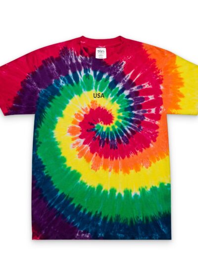 Tie-Dye Spiral T-Shirt — Embroidered “USA” Retro Rainbow Tee